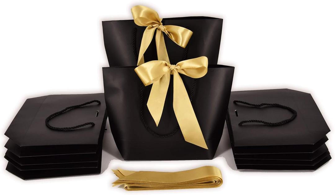 HUAPRINT Gift Bags with Handles,7.483.547.9 inches,Party Favor Bags with Bow Ribbon,12Pcs Black Paper Bags for Birthday Wedding Bridesmaid Present Celebration Holiday