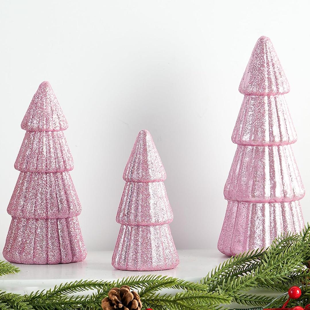 Fangoo 3Pcs Glitter Pink Tabletop Christmas Tree Figurines Foam Christmas Cone Tree Table Centerpiece DecoratioXmas Tree Ornaments for Shelf Mantel Fireplace Home Farmhouse Kitchen Party