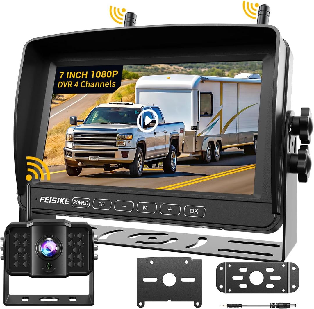 Wireless Backup Camera with 7" 1080p Monitor, RV Backup Camera for Furrion Pre-Wired, Recording 4-Channel Split Screen, IR Night Vision, IP69 Wide Angle, Back up Camera Systems for Truck Trailer