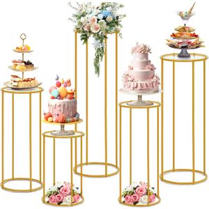 Hicarer 5 Pcs Cylinder Pedestal Stands for Party Gold Metal Tall Cylinder Stands Cake Tables Round Vases Display Columns for Weddings Party Birthday Backdrop Decorations, Acrylic Top Plate