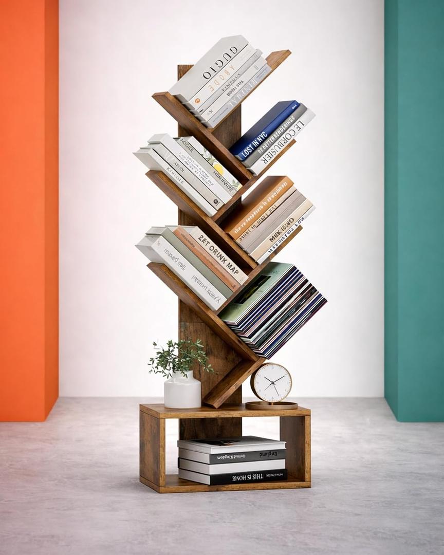 6 Tier Tree Book Shelf - Small Bookshelf Decor, Corner Bookshelf, Living Room Storage, Tall Narrow DVD & CD Shelf Storage Bookshelves, Comic Bookcases Standing for Bedroom or Office, Rustic Brown