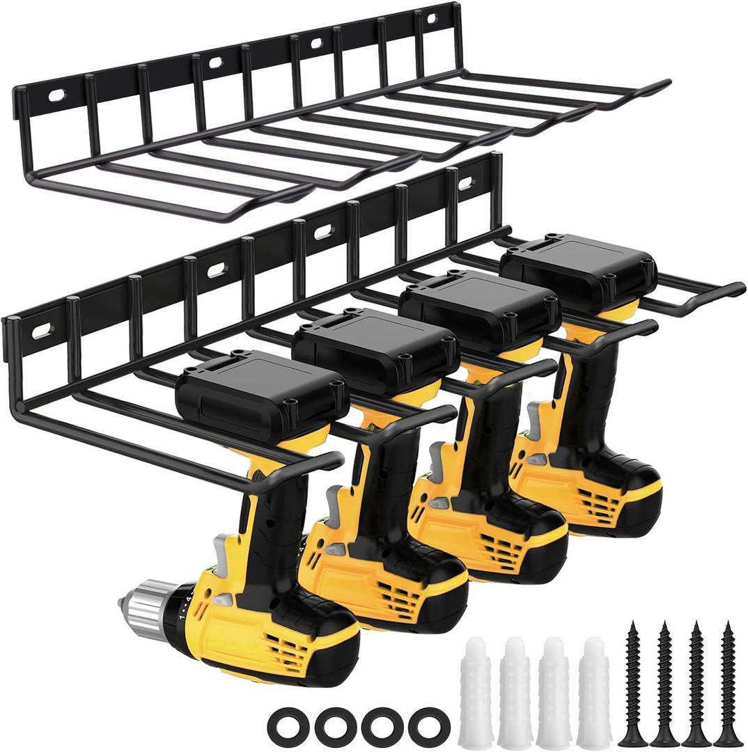 Power Tool Organizer - 4 Drill Holder Wall Mount Tool Rack, Metal Shelf for Cordless Drills, Sanders, and More - Compact Storage Solution for Workshop, Garage, or Home Use (1 pack)