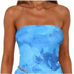 Women Summer Asymmetrical Mesh Strapless Tube Tops Going Out Outfits (Medium, Blue Floral)