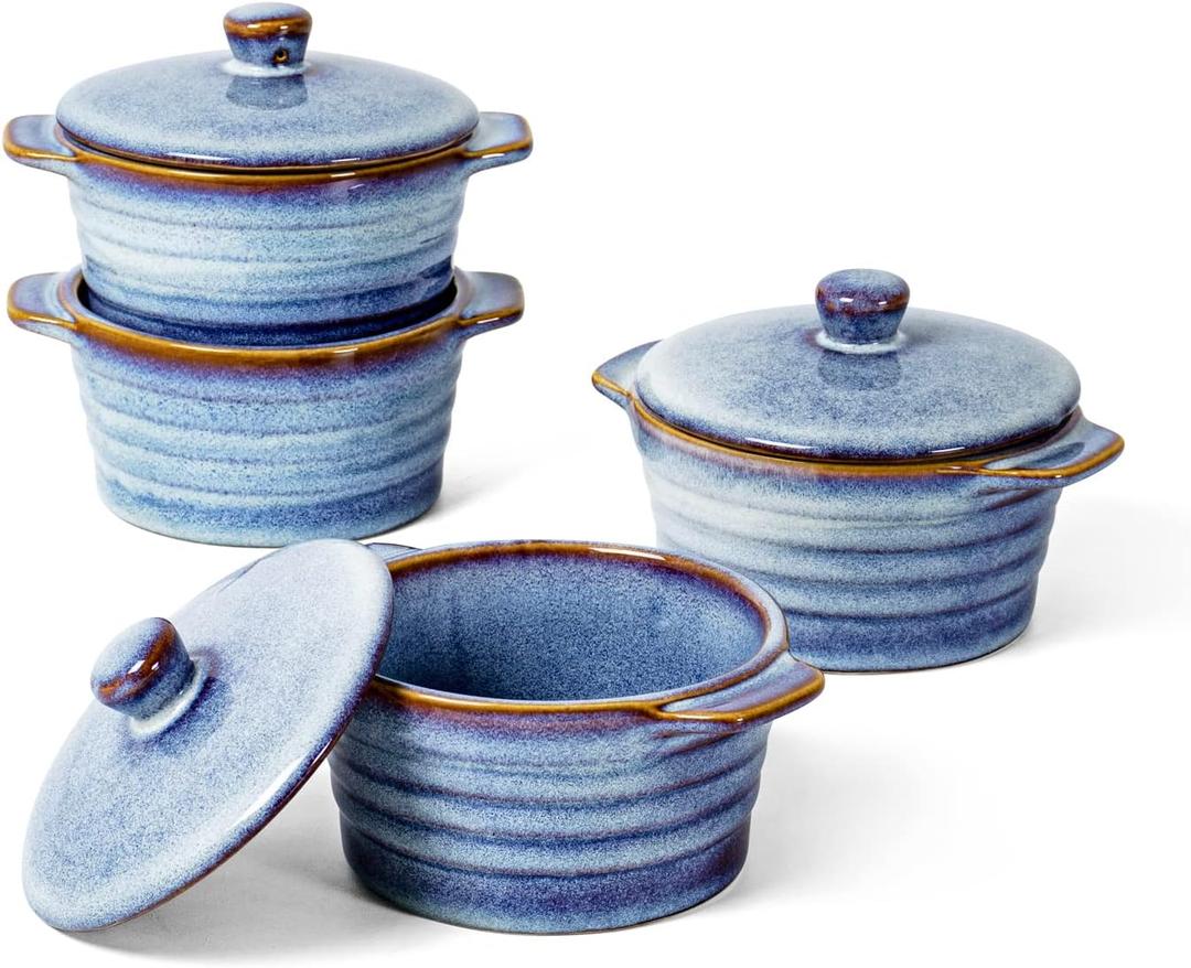 UNICASA 8 oz Ceramic Ramekins with Lid, Mini Casserole Dish with Handles Set of 4, Porcelain Small Baking Dish, Round Small Cocotte Oven Safe, Reactive Glaze (Denim Blue)