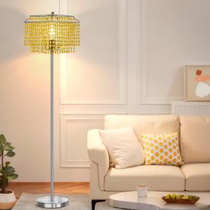 Luvkczc Crystal Floor Lamp Yellow, 64" Tall Elegant Standing Lamp with On-Off Foot Switch, Double-Layer Lampshade, Standing Lamps for Living Room, Bedroom, Office, 8W Bulb Included