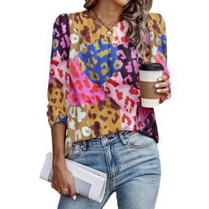 Samefar Womens Tops Dressy Casual Pleated Crew Neck Long Sleeve Shirts Office Work Chiffon Blouses (Large, Floral)