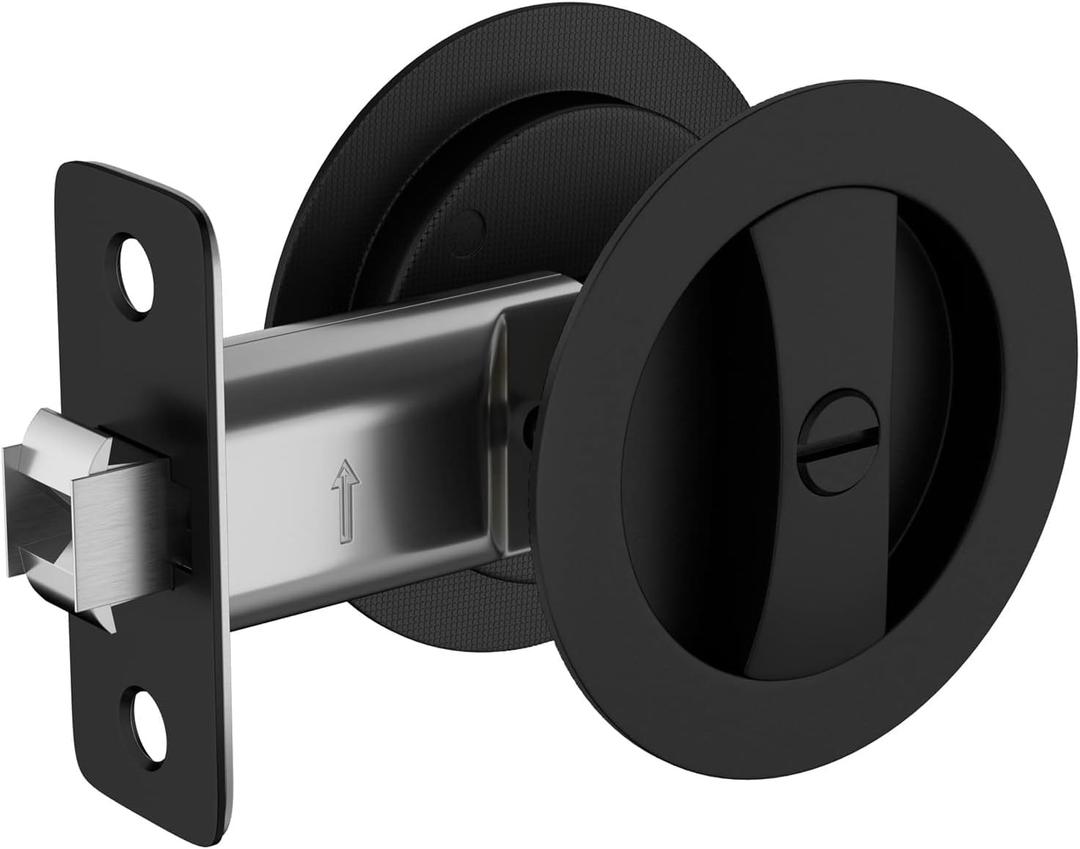 goldenwarm Matte Black Pocket Door Lock, Privacy Round Pocket Door Hardware Not-Adjustable 2-3/8" Latch, Pocket Door Handles for Pocket Doors Sliding Doors 1 Pack