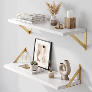 Dreamland Wall Mounted Floating Shelves Set of 2, 24x8, White&Gold
