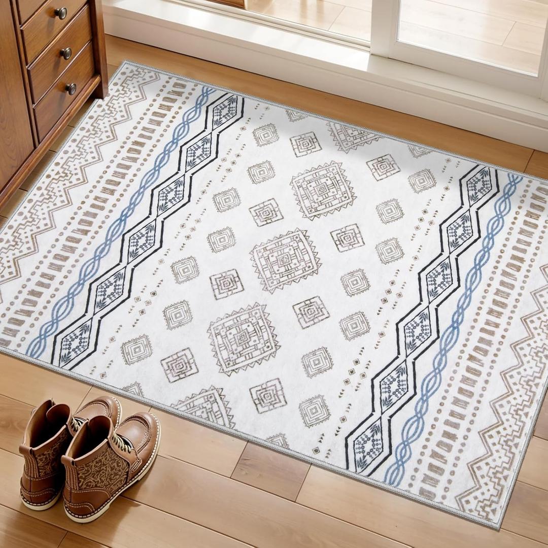 SERISSA 2x3 Rugs for Entryway, Washable Non-Slip Grey Blue Small Area Rug, Soft Low-Pile Boho Geometric Indoor Entry Rug Door Mat Indoor Entrance Front Door Carpet for Bathroom Kitchen Bedroom