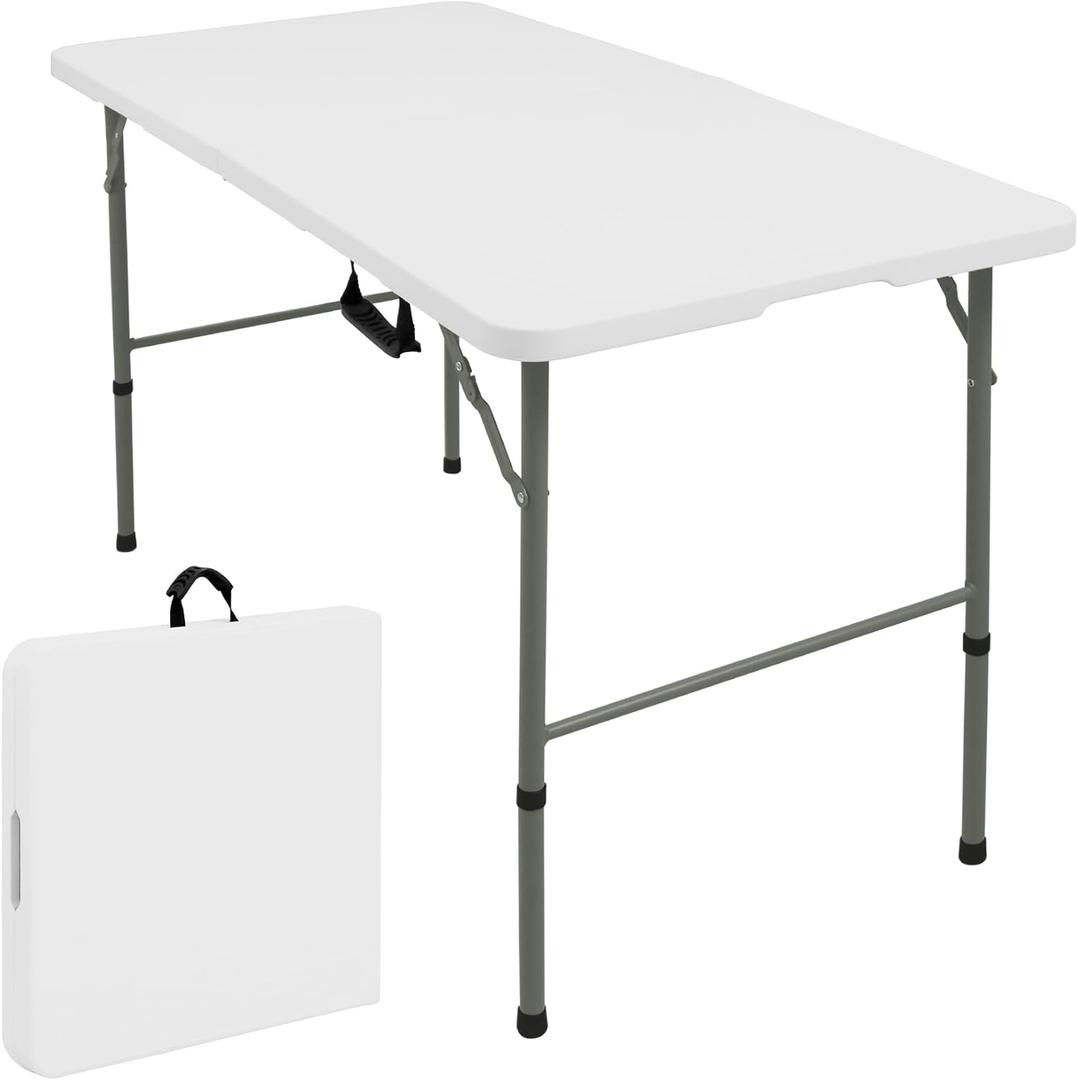 Folding Tables with Carrying Handle Lightweight Rectangular Portable Plastic Camping Table Steel Legs for Party, Dining, Wedding, Events, Picnic Indoor, Outdoor (1, White, 4 FT)