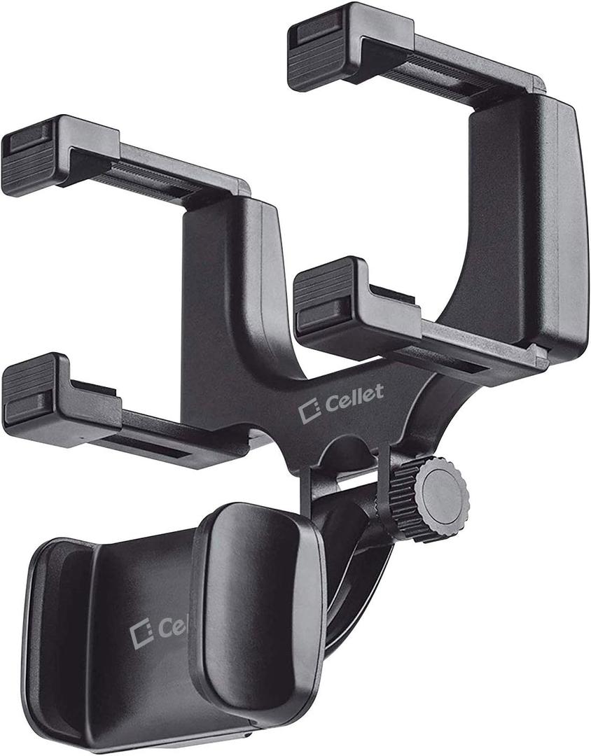 Cellet Vehicle Rear View Mirror Phone Holder Mount Universal Smartphone Cradle Compatible to Apple iPhone, Samsung Galaxy Smartphones, Google Pixel, Moto, Google Map GPS Navigation, Dash Cam Mount