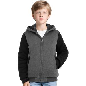 Boys Fleece Lined Jacket Kids Winter Warm Sherpa Hoodie Jacket with Pockets Full Zip Winter Outdoor Coat (8-9 Years, Dark Gray+black)