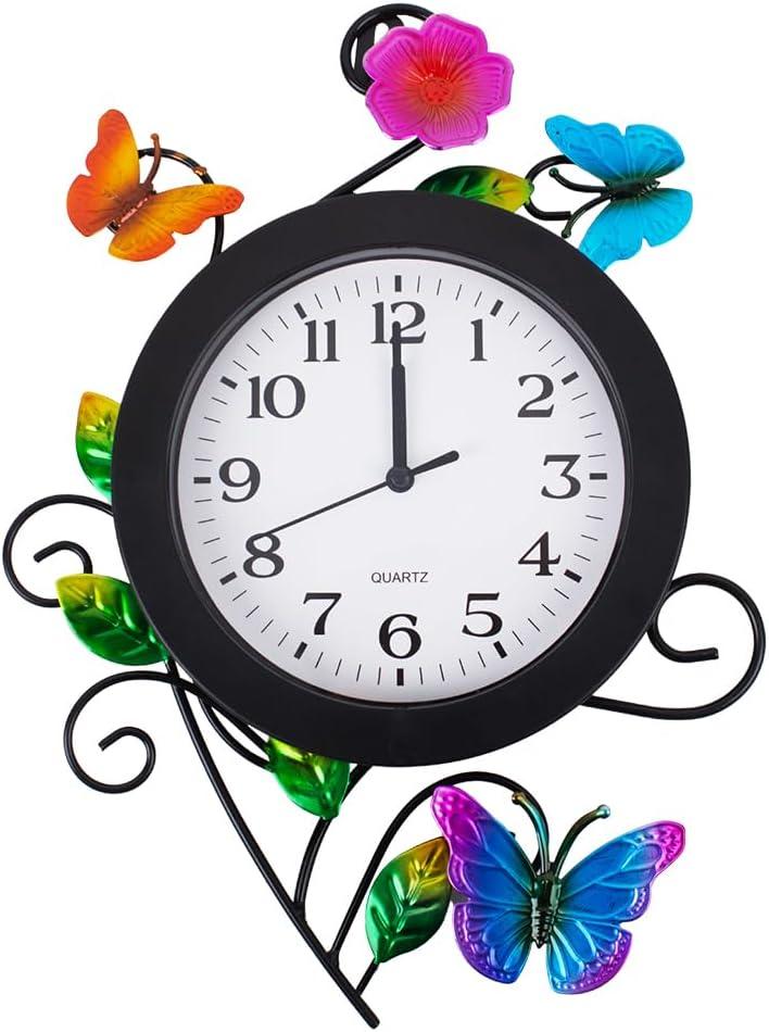 Outdoor Clock with Butterfly and Flowers, Butterflies Outdoor Wall Clock Waterproof, Silent No-Ticking Outdoor Clocks for Patio, Living Room, Kitchen, Garden