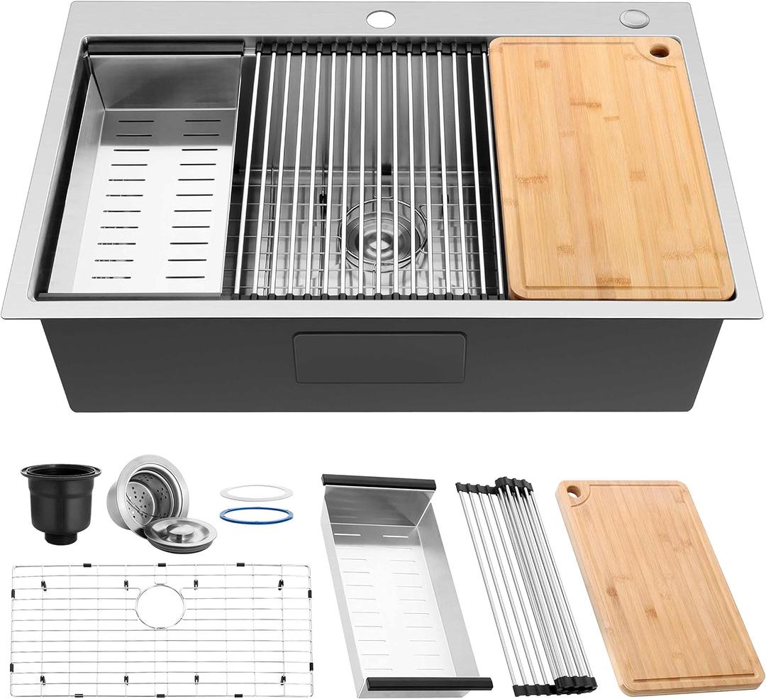 Herogo 33 X 22 Workstation Kitchen Sink, 10" Deep Drop In 18/10 Stainless Steel Topmount Single Bowl 2-Hole R10 Tight Radius Large Kitchen Sinks with Kit of 5 Accessories