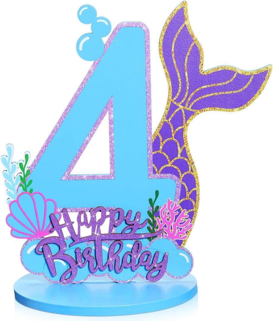 Mermaid Birthday Number Sign Centerpiece for Girls Wooden Mermaid Party Number Table Sign Decoration Supplies for Birthday Anniversary(Number 4)