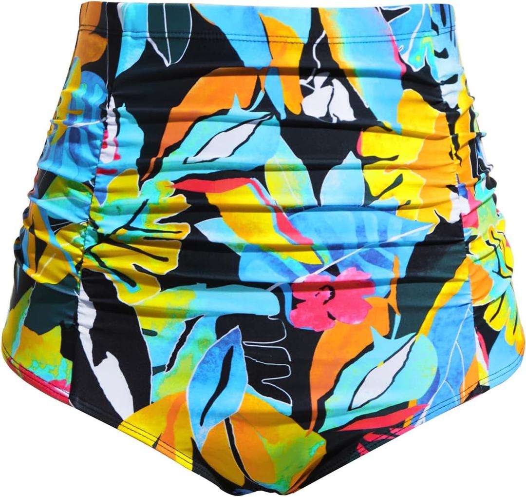 Tempt Me Women's High Waisted Swimsuit Bottom Tummy Control Ruched Bikini Bottom Vintage Swim Bottom Tankini Briefs (Large, Colorful Floral)