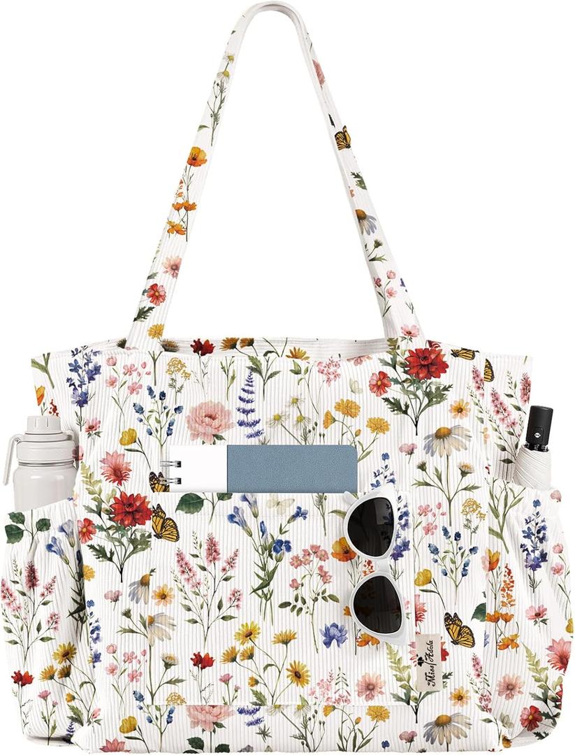 Large Corduroy Tote Bag for Women - Cute Shoulder Reusable Canvas Bags with Zipper Multi-Pocket for School