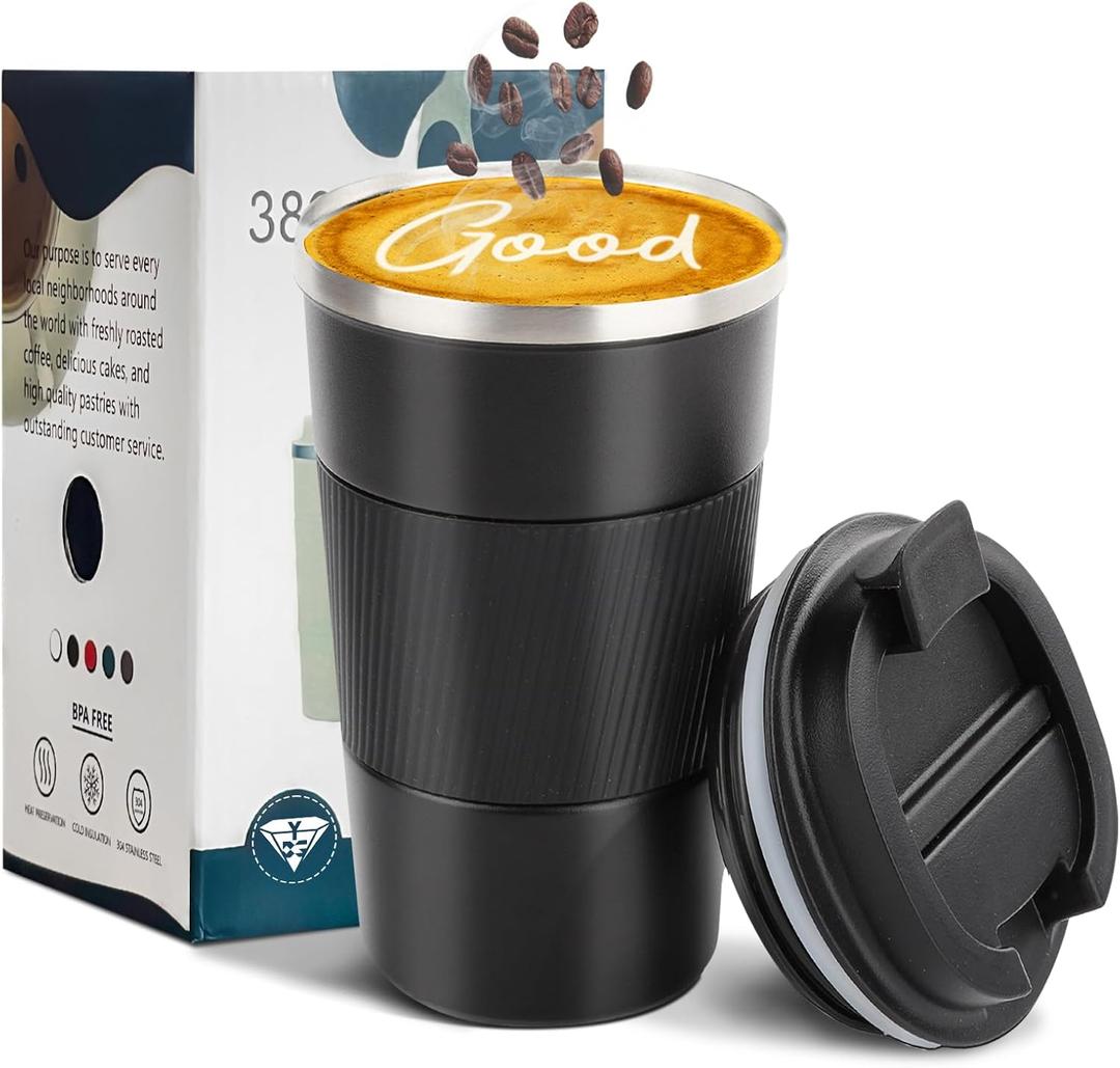 YINBAOGE Insulated Travel Coffee Mug, Spill & Leak Proof, Portable To Go Camping Stainless Steel Coffee Tumbler, Reusable Thermal Coffee Cup with Lid for Hot & Cold Drinks (Black, 17 OZ)