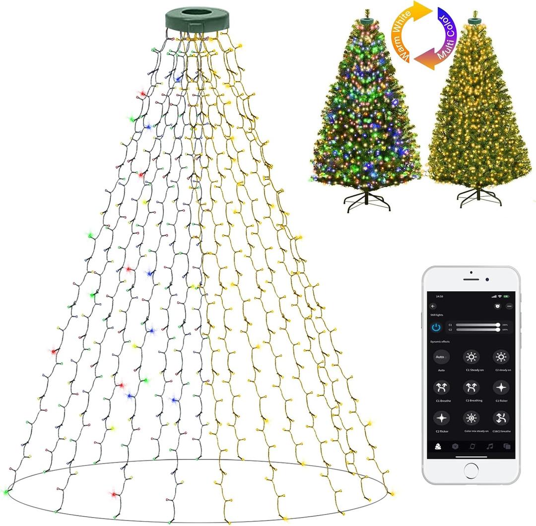 Dreicht Smart Christmas Tree Lights with Ring, APP Control Music Sync 6.56Ft x 16 Lines String 400 LED Indoor Outdoor with DIY scenarios 17 Modes Multicolor Timing for Christmas Tree Decorations