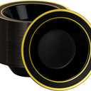 100 Pack Black Disposable Bowls with Gold Rim, 12oz Black Plastic Soup Bowls for Party, Wedding, Holiday,And Halloween