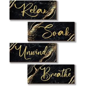 ONIZHITY 4 Pcs Black and Gold Bathroom Decor Black Gold Wall Decor Relax Soak Unwind Breathe Wooden Rustic Marble Style Bathroom Accessories for Bedroom Living Room Decor Kitchen(10X4)