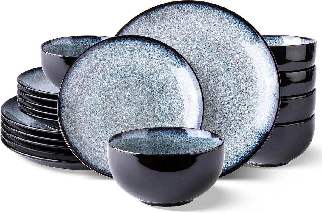 LeRatio Ceramic Dinnerware Sets for 6,Stoneware Plates and Bowls Sets,Handmade Reactive Glaze Dishes Set,Chip Resistant and Scratch Resistant | Oven&Dishwasher & Microwave Safe-Gray White(18PCS)