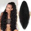 BARSDAR Black Brown Long Curly Wavy Drawstring Ponytail Extension  30 Inch Synthetic Comb Clip in Pony Tails Hairpiece for Women, Voluminous Natural Looking Bohemian Ponytail Hair Extensions