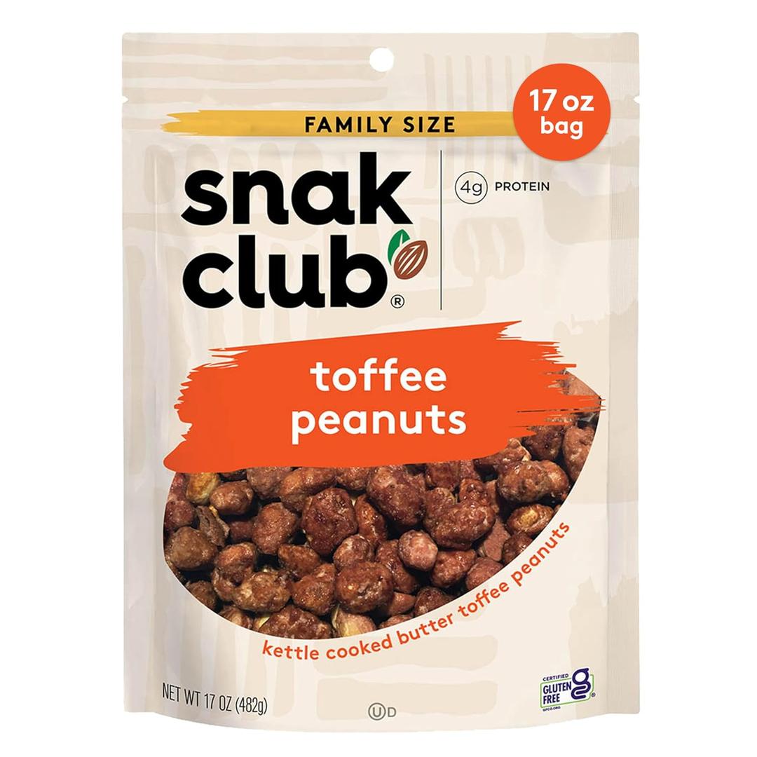 Snak Club Toffee Peanuts, Candied Peanuts with Praline Coat and Sweet Cream, Gluten-Free and Kosher Snack, 17 oz Resealable Bag (EXP 06/30/27)