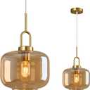 Cognac Glass Pendant Lights Kitchen Island Gold Pendant Light Fixtures Adjustable Height Modern Pendant Lighting for Bedroom Dining Room (9.06 in 1-Pack), Drum Shape 9.06 in