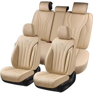 Coverado Car Seat Covers Full Set, Breathable Nappa Leather Seat Covers for Cars, Universal Seat Covers, Front and Back Waterproof Car Seat Protector, Automotive Seat Cushion Fit Most Cars(Beige)