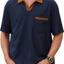 ODIZLI Men's Trendy Short Sleeve V Neck Knit Polo Shirt with Pocket Business Casual Shirts Athleisure (L)