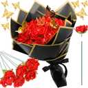 Riceshoot 25 Sets Ribbon Rose Bouquet DIY Fake Roses with Stems Faux Flowers Bouquet Kit Wrapping Paper Crown 3D Butterflies for Graduation Anniversary Birthday Wedding Gift(Red)