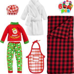 JOYIN 6 PCS Christmas Doll Clothes, Christmas Doll Sleeping Bag, Apron Bathrobes and Hat for Holiday Outfits Accessories Decorations