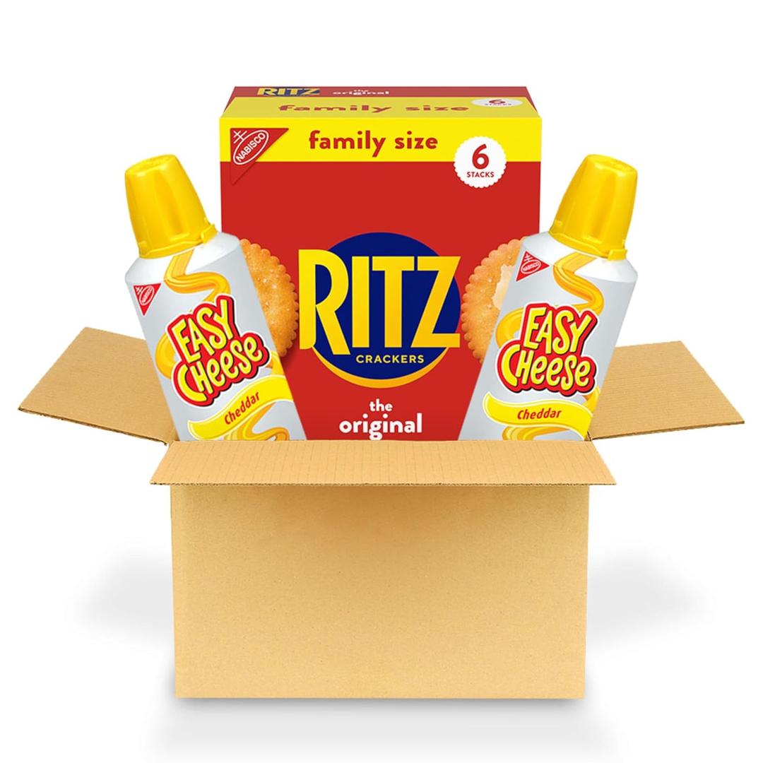 RITZ Original Crackers and Easy Cheese Cheddar Snack Variety Pack, 1 Family Size Box & 2 Cans BB 10/4/25