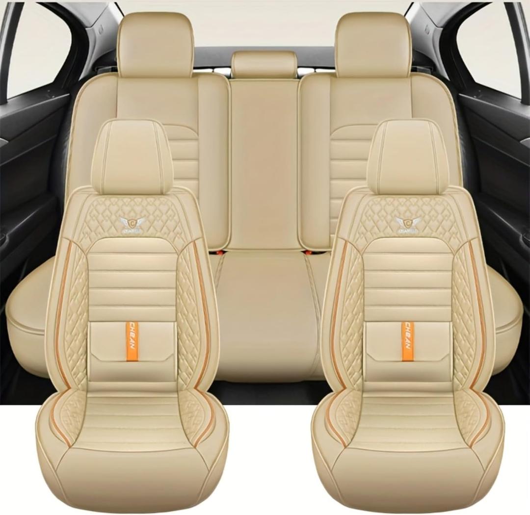5-Piece Nappa Leather car seat Cover, Suitable for Cars, SUVs, and Trucks - Premium Quilted Diamond Stitching, Waterproof, airbag (Beige)