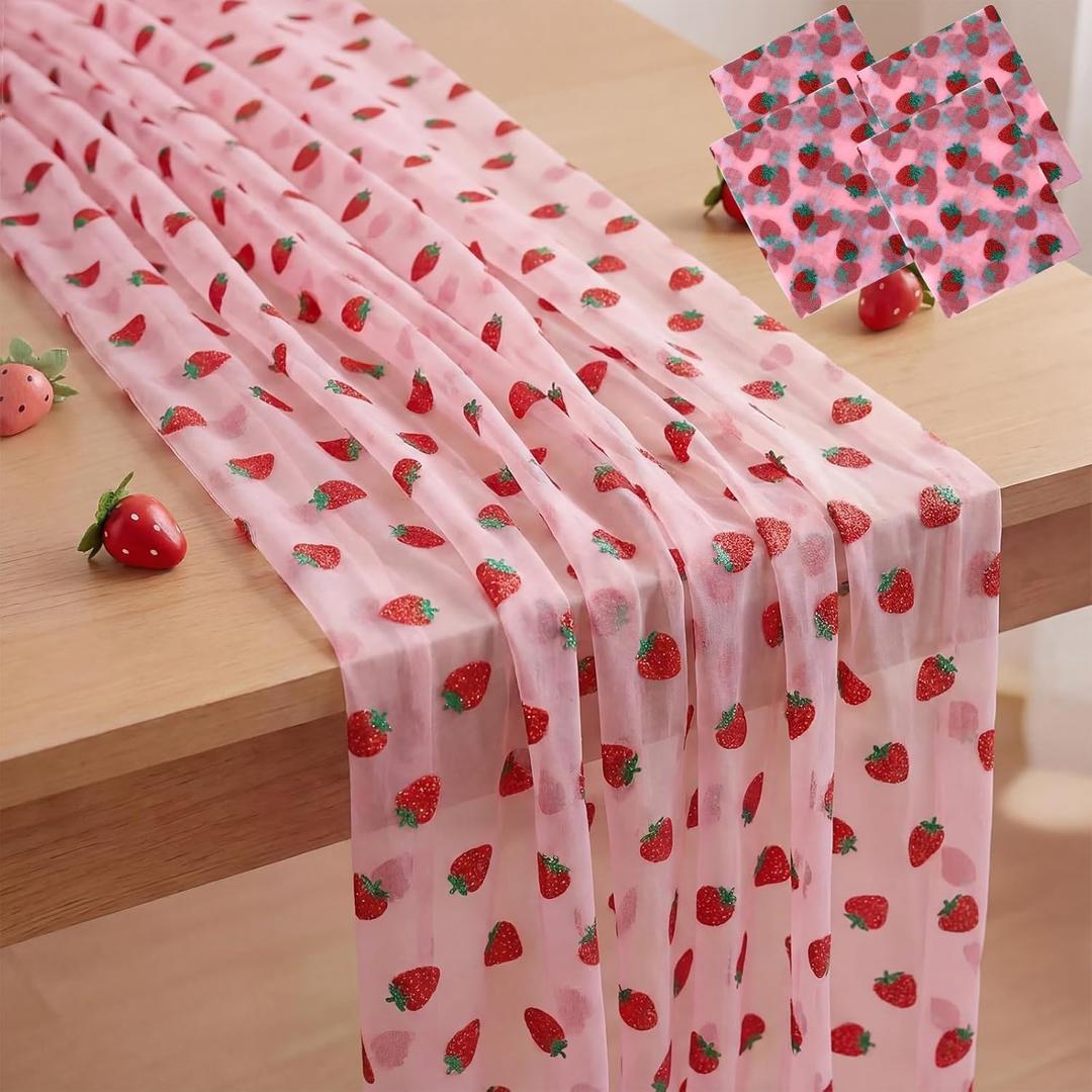 4 Pcs 29 X70 Inch Strawberry Shiny Glitter Tulle Table Cloth Pink Sheer Lace Tablecloth for Party Decorations Birthday Wedding Bridal Shower Party Home Kitchen Table Decor