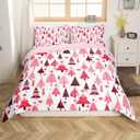 Manfei Pink Xmas Trees Duvet Cover Set Full Size, Christmas Theme Bedding Set 3pcs for Kids Boys Girls Adults, Happy New Year Comforter Cover Soft Polyester Quilt Cover with 2 Pillowcases,No Comforter