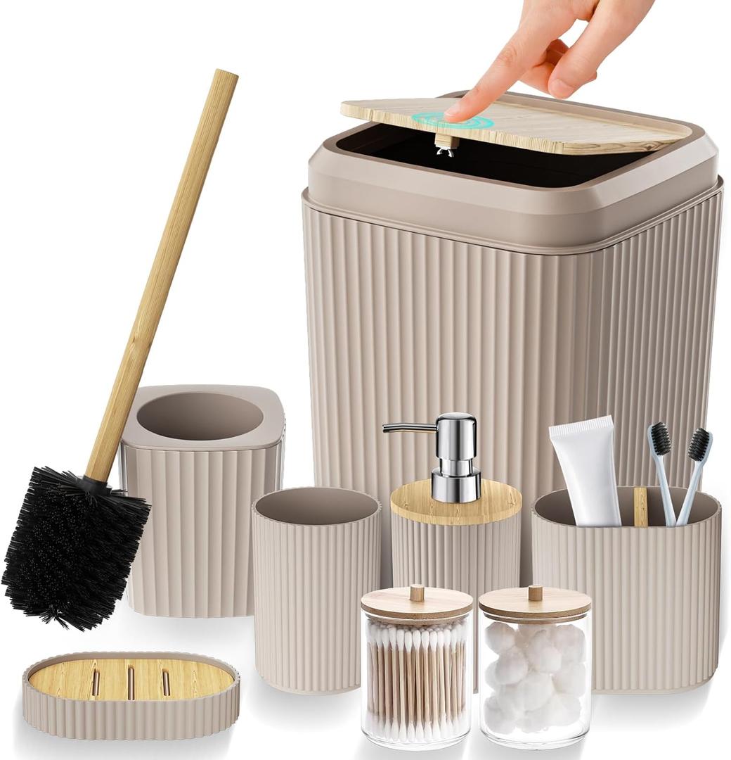 Bathroom Accessories Set - Unbreakable Beige Bathroom Set, Trash Can, Toilet Brush with Holder, Soap Dispenser, Toothbrush and Toothpaste Holder, Tumbler Cup, Soap Dish, Qtip Holder, Bamboo Decor (8 Pieces)