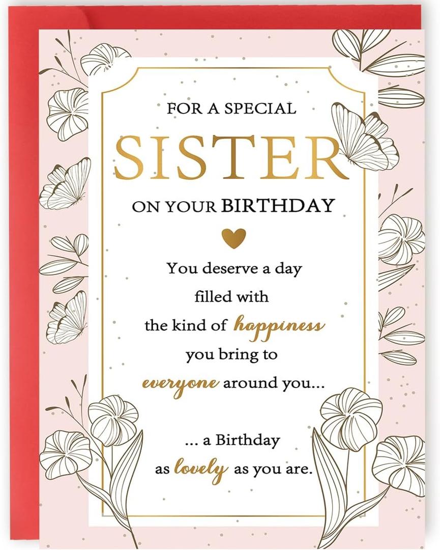 4 x Elegant Sister Birthday Card, Happy Birthday Gifts for Special Sister, Unique Bday Decorations for Women