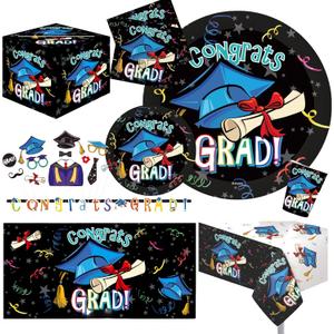 Ultimate 2025 Graduation Party Supplies Set for 30 Guests Includes Dinner & Dessert Plates Cups Napkins Table Covers Photo Props Banners Gift Card Box & Backdrop Congrats Grad Theme