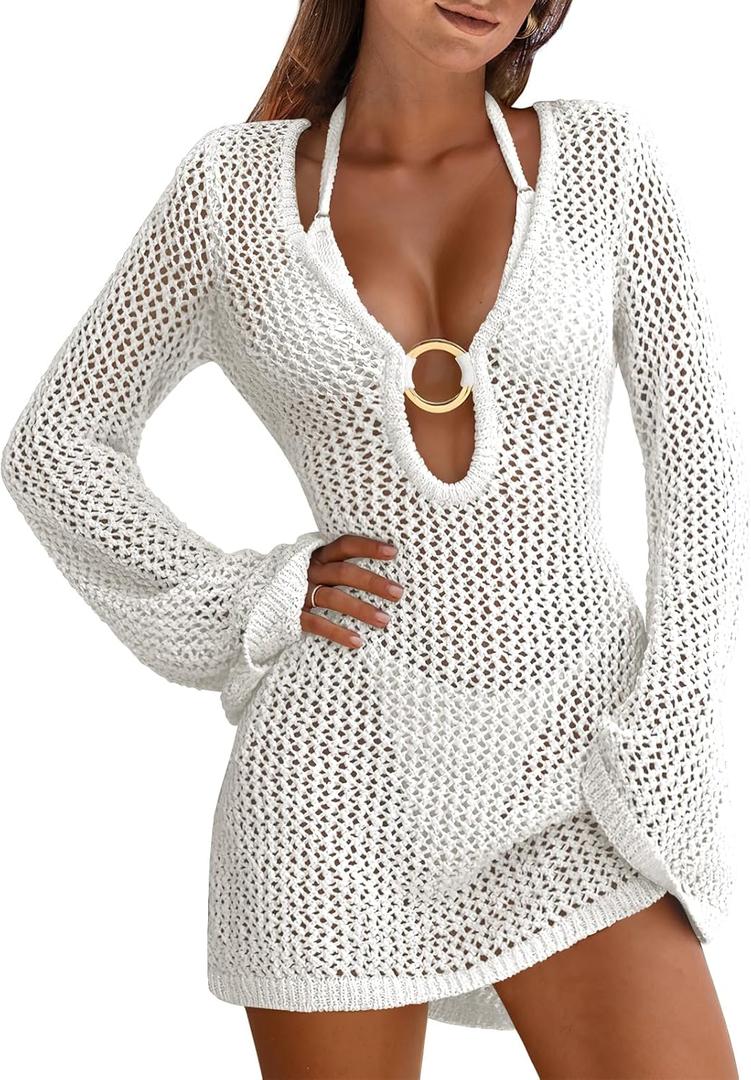 ANRABESS Women Beach Crochet Cover Ups Summer Knit Swimwear Mesh Bathing Suit Hollow Out Dress 2025 Vacation Swimsuit (Medium, White)