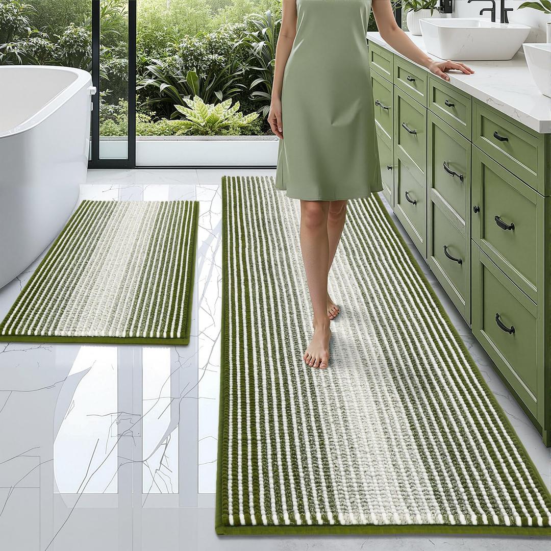 BSICPRO Bathroom Rugs and Mats Sets, 2 Piece Thick Absorbent Chenille Bath Mat Rug Set Non Slip, Soft Shaggy Bath Room Floor Mats for Bathroom, Machine Washable (Sage, 24" x 70" Plus 20" x 32")