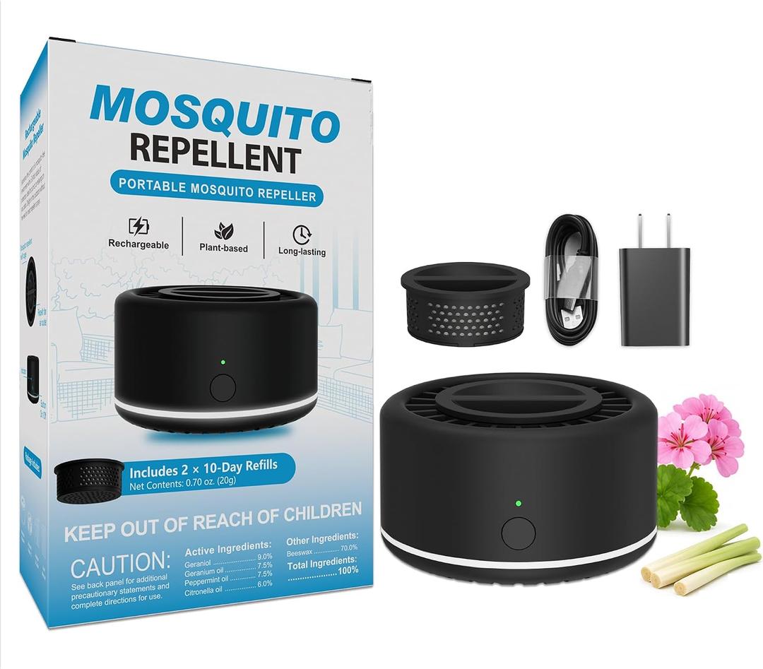 Virine Mosquito Repeller with Adapter, Portable Mosquito Repellent Device with 2 Refills, Fan-Powered Diffusion, USB-C Rechargeable for Patio, Camping, Backyard and Outdoor Use
