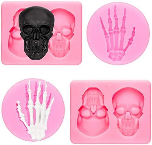 Patelai 4 Pcs 3D Halloween Skull Silicone Mold Skeleton Hands Fondant Cake Pan Mold Pumpkin Maple Leaf Chocolate Candy Clay Mould for Party DIY Cake, Pudding,epoxy Resin(Pink,Skull)