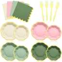 FoldTier 96 Pcs Pink Sage Green Gold Disposable Party Plate Set for 24/48 Guests 9" & 7" Scalloped Paper Plate Cocktail Napkin Plastic Forks for Birthday Farmhouse Wedding Baby Shower Tea Party