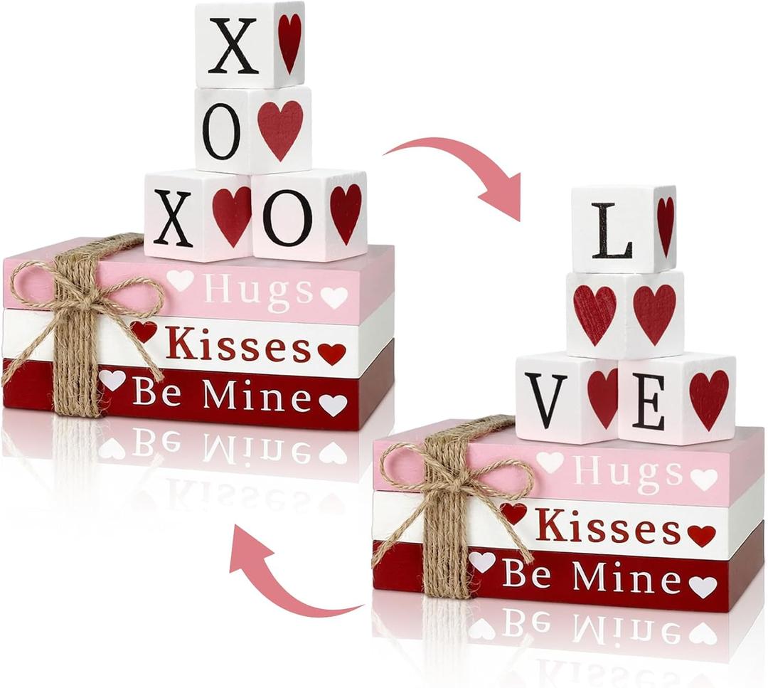 Thyle 7 Pcs Valentine's Day Decorations Wooden Valentine Table Centerpiece Reversible Double Sided Valentines Love Heart Wood Blocks Signs for Tabletop Home Shelf Party Tiered Tray Decor