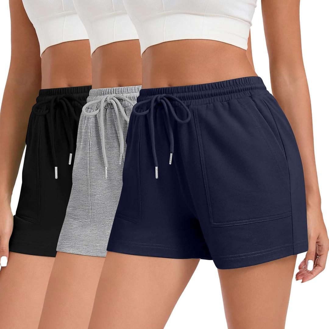 Locoowai 3 Pack Women's Sweat Shorts with Pockets Comfy Lounge High Waist Drawstring Athletic Summer Casual Clothes 2025(Small, Black, Light Gray, Navy Blue)