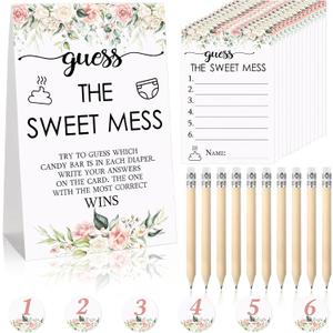 67 Pcs Guess The Sweet Mess Dirty Diaper Baby Shower Game Includes Guess The Sweet Mess Sign 50 Small Cards 10 Pencils and 6 Number Stickers for Baby Shower Game Gender Reveal Party(Floral)