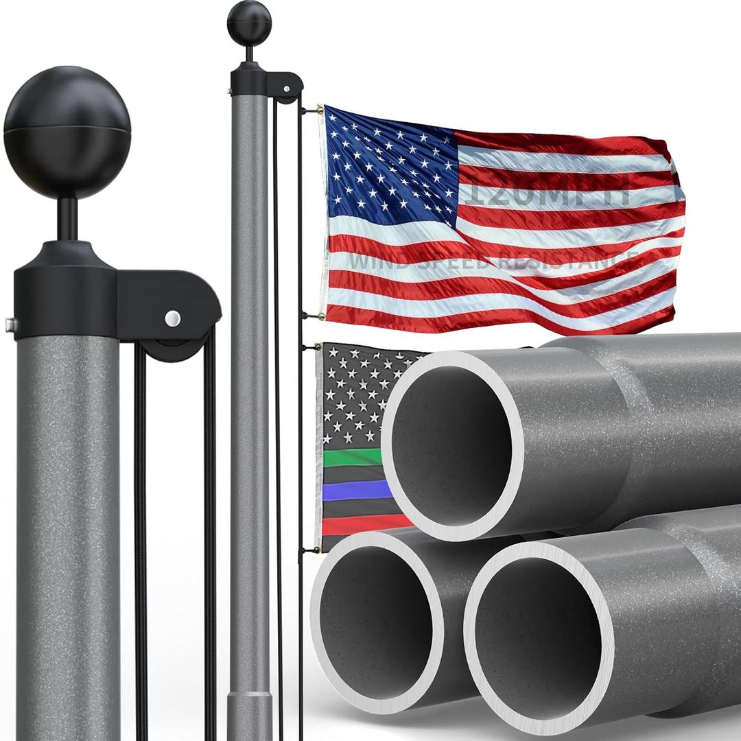 25FT Grey Heavy Duty 11Gauge Aluminum Flagpole Kit with Thickened Ball, 3x5 Embroidered Nylon Flag for Outside House, InGround, 120MPH Rated (Gray)
