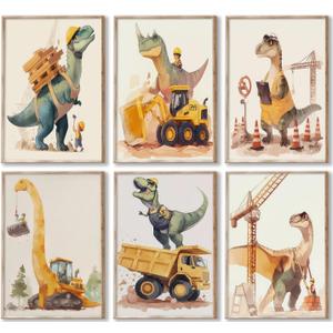 Cute Dinosaur Nursery Canvas Wall Art Construction Trucks and T-Rex Painting Picture Kids Boys Room Wall Decor Funny Dino Vehicles Poster Prints Artwork for Playroom Toddler Room Bedroom, Unframed (10L"x8W")